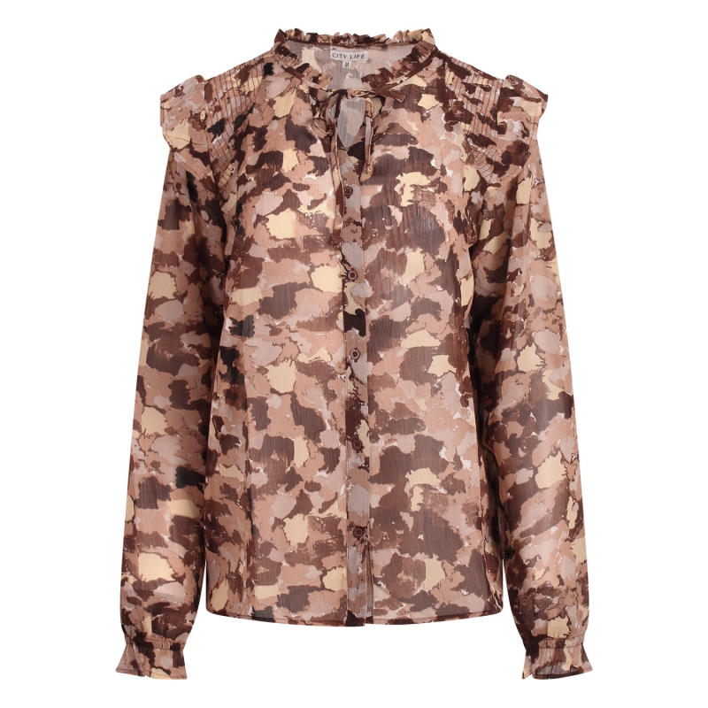 City Life Ysra ruffle W20566 blouses lange mouw Bruin