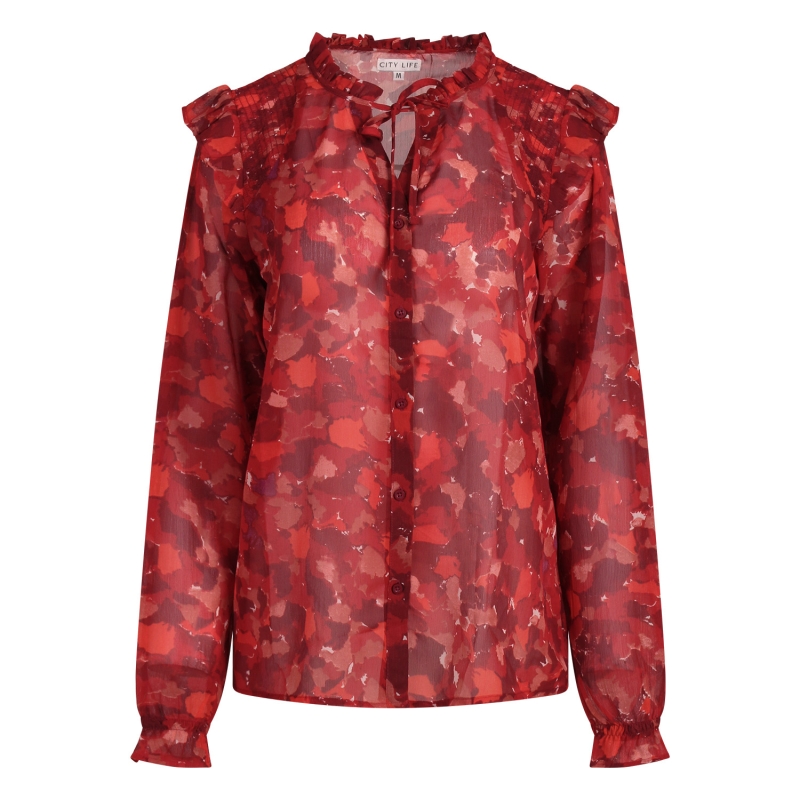 City Life Ysra ruffle W20566 blouses lange mouw Rood